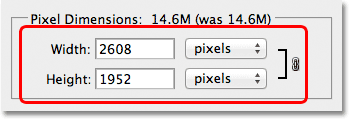 The current width and height of the image, in pixels, as shown in the Image Size dialog box. Image © 2012 Photoshop Essentials.com