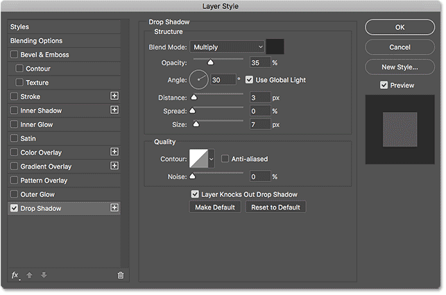 The Drop Shadow options in the Layer Style dialog box. 