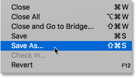 Choosing Save As from the File menu in Photoshop.