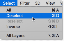 Choosing the Deselect command from the Select menu in Photoshop.