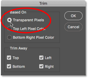 Selecting Transparent Pixels in the Trim dialog box.