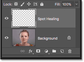 The Spot Healing layer above the image in the Layers panel in Photoshop