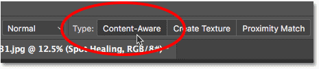 The Content-Aware option for the Spot Healing Brush in Photoshop.