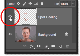 Clicking the Spot Healing layer visibility icon in the Layers panel in Photoshop