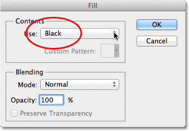 The Fill command dialog box in Photoshop. Image © 2012 Photoshop Essentials.com