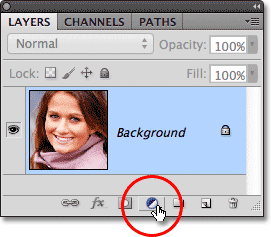 Clicking the New Adjustment Layer icon in the Layers panel. Image © 2012 Photoshop Essentials.com