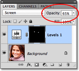 Lowering the layer opacity in the Layers panel. Image © 2012 Photoshop Essentials.com