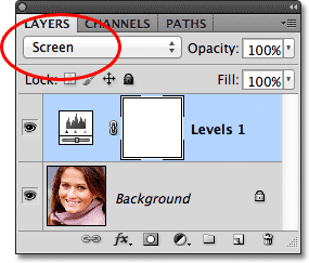Changing the layer blend mode to Screen. Image © 2012 Photoshop Essentials.com