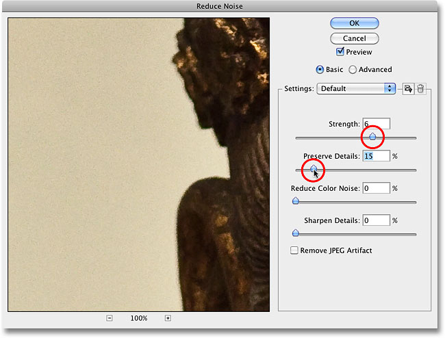 Reducing luminance noise in the image with the Reduce Noise filter in Photoshop. Image © 2010 Photoshop Essentials.com
