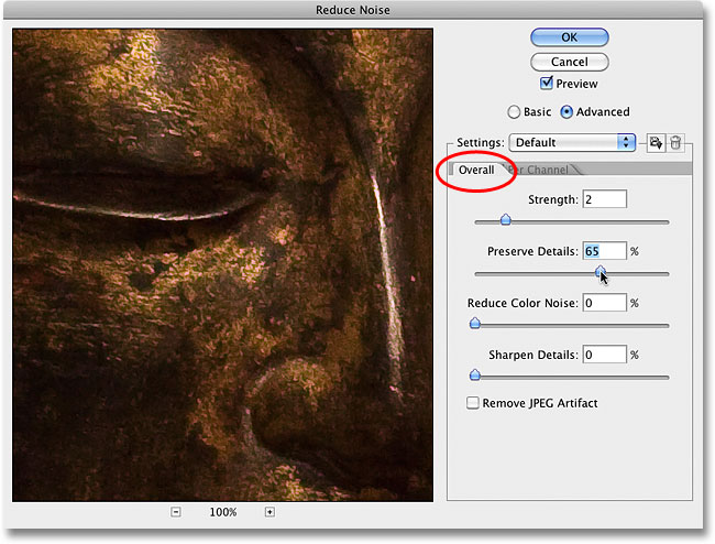 Switching back to the Overall options for the Reduce Noise filter. Image © 2010 Photoshop Essentials.com