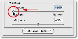 The Vignette amount slider in the Lens Correction dialog box in Photoshop.