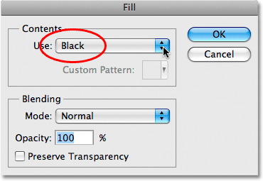 Choosing Black for the fill color in the Fill dialog box.