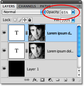 The Opacity option in the Layers panel in Photoshop.