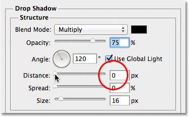 Lowering the Distance of the drop shadow to 0 px. Image © 2012 Photoshop Essentials.com.
