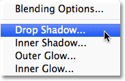 Selecting a Drop Shadow layer style. Image © 2012 Photoshop Essentials.com.