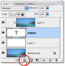 Clicking on the Layer Styles icon in Photoshop. Image © 2008 Photoshop Essentials.com.