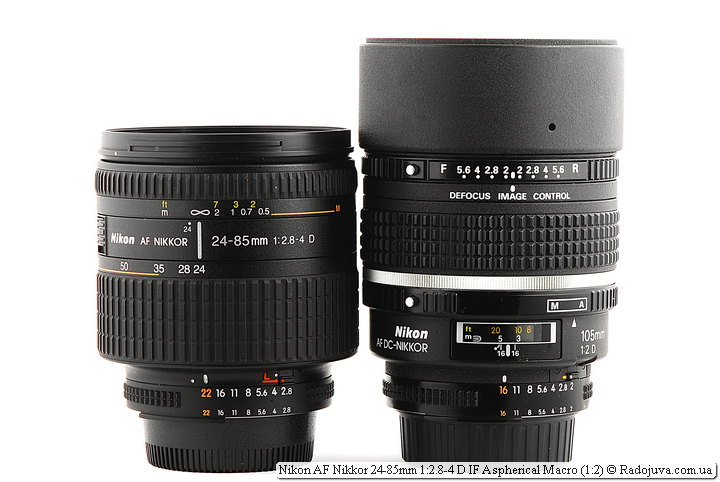 Разнима в размерах между Nikon AF Nikkor 24-85mm 1:2.8-4 D IF Aspherical Macro (1:2) и 105 dc