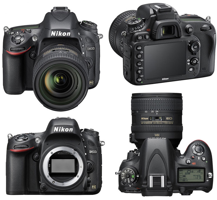 Так выглядит фотоаппарат Nikon D600 с разных сторон без объектива (body) и с объективом (kit)