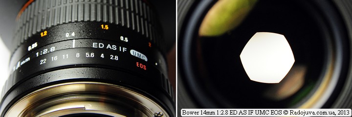 Индикаторы объектива Bower F 2.8 14 mm и вид лепестков диафрагмы
