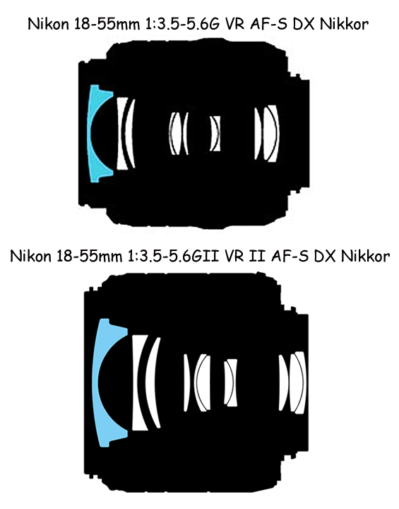 Оптическая схема Nikon 18-55mm 1:3.5-5.6GII VR II AF-S DX Nikkor в сравнении с Nikon 18-55mm 1:3.5-5.6G VR AF-S DX Nikkor