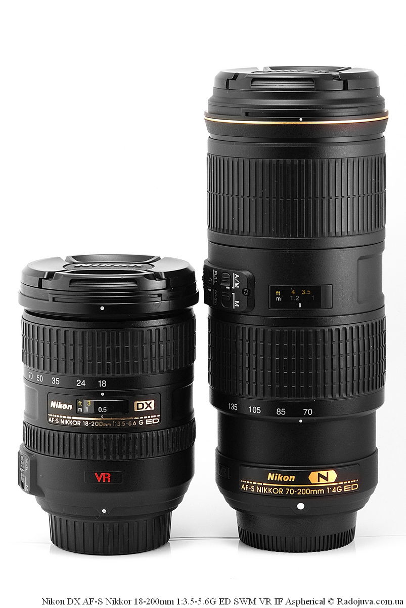 Размеры Nikon DX AF-S Nikkor 18-200mm 1:3.5-5.6G ED SWM VR IF Aspherical и Nikon N AF-S Nikkor 70-200mm 1:4G ED SWM VR IF Nano Crystal Coat