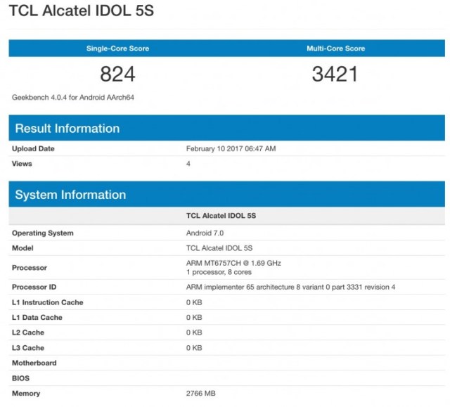 Результат тестирования Alcatel Idol 5S в популярном бенчмарке GeekBench
