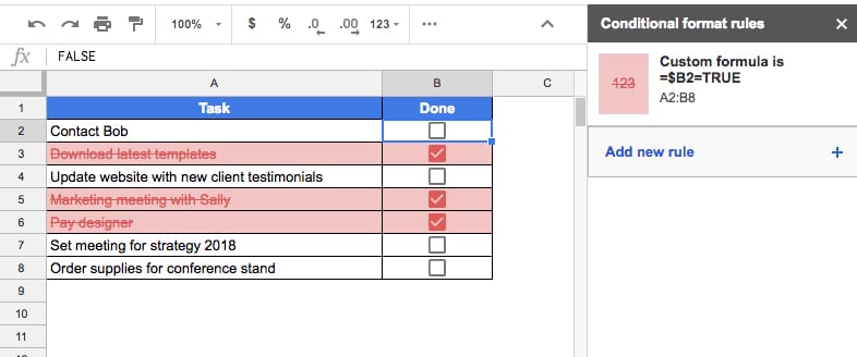 Conditional formatting across an entire row with checkboxes